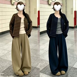 大码高级感早秋穿搭一整套2026新款条纹针织开衫女阔腿裤三件套装