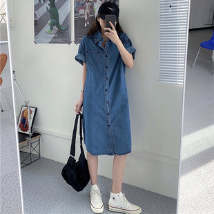 微胖2022年夏天复古洋气大码女装胖妹妹遮肚子显瘦牛仔连衣裙子潮