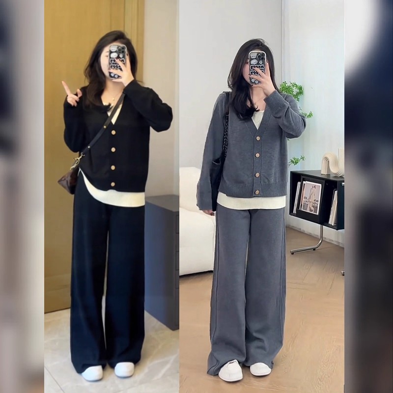胖妹妹秋动休闲撞色假两件上衣高腰阔腿裤套装大码运动显瘦两件套