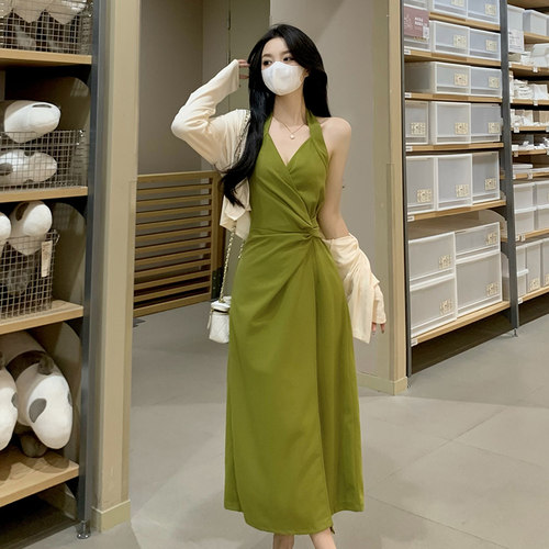 大码挂脖微胖mm显瘦连衣裙开叉