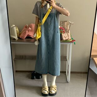 大码胖妹妹港味复古吊带裙女夏季宽松百搭开叉中长款牛仔背带裙子