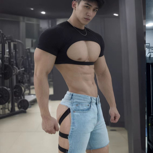 黑色镂空胸袋速干显肌肉男T恤