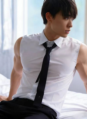 商务立领无袖背心男修身白色衬衫领休闲潮流背心夏季