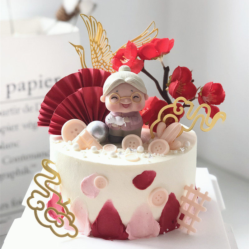 老头老太蛋糕装饰中式茶壶爷爷抱猫奶奶梅花祥云摆件老人祝寿插牌