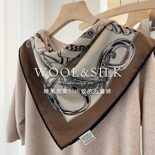 「复古棕调」丝毛围巾女冬季轻奢风马元素真丝羊毛方巾多功能披肩