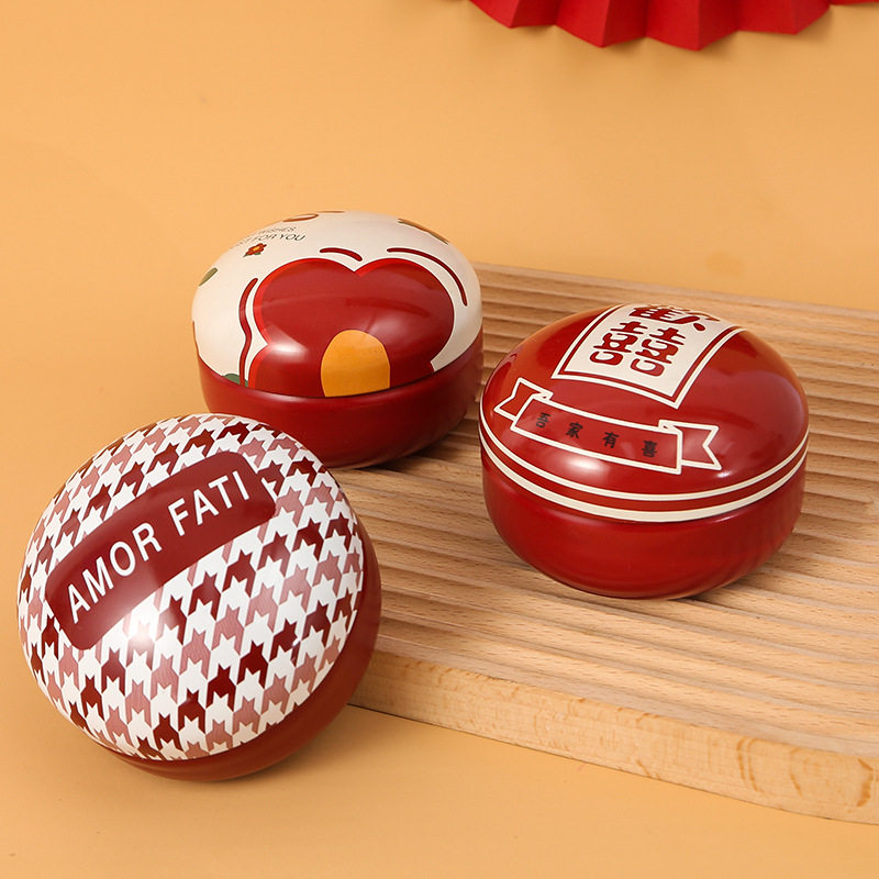 新款扁圆形花朵喜糖盒子铁盒中式