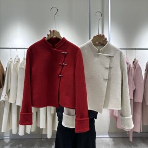 2023冬季新款短款双面羊绒大衣女中式国风小个子圣诞红色毛呢外套