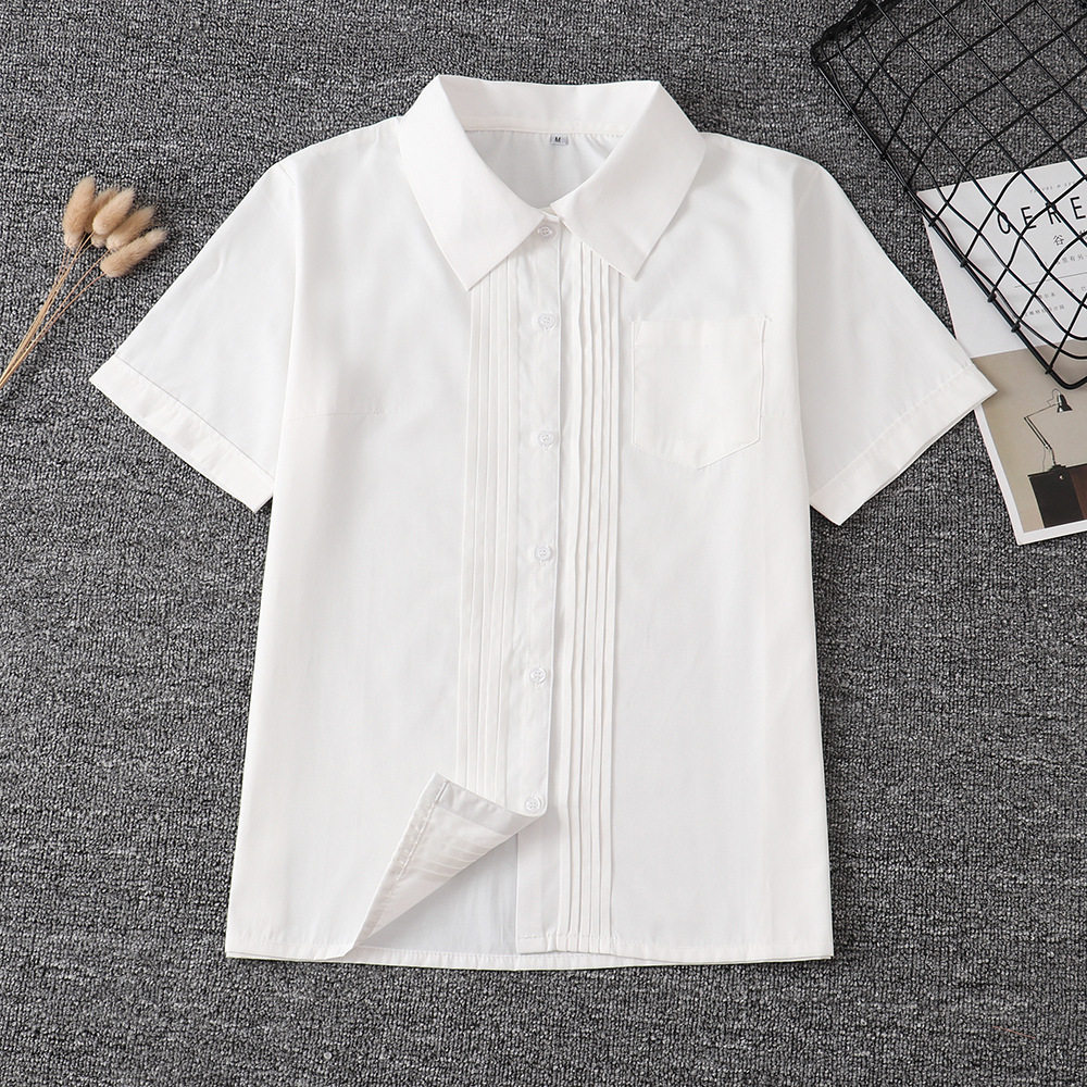 JK制服尖领风琴褶衬衫短袖方领衬衫学生纯色衬衫班服刺绣定制名字