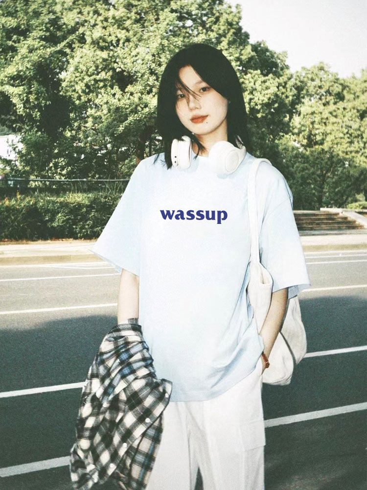 DGCR WASSUP短袖t恤女2024夏季新款oversize浅蓝正肩半袖国潮上衣