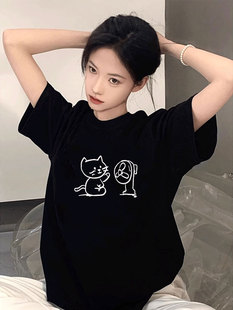 宽松半袖 设计感美式 上衣 t恤女2024新款 260g重磅纯棉黑色正肩短袖