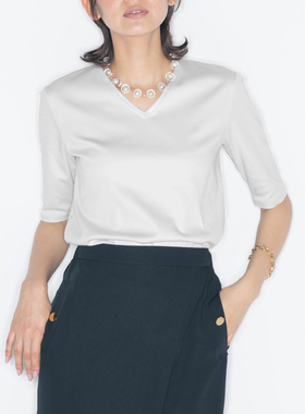 Dubaijie 奢华质感 百搭海岛棉V领五分袖纯棉T恤 半袖上衣女HK622