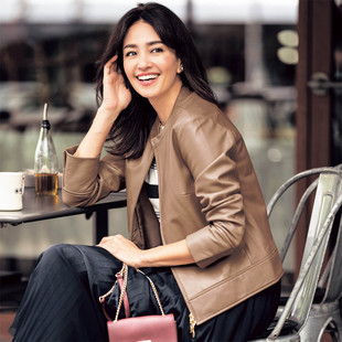 高级时髦精温度 飒爽英姿 百年意大利面料皮衣外套女GM5587预