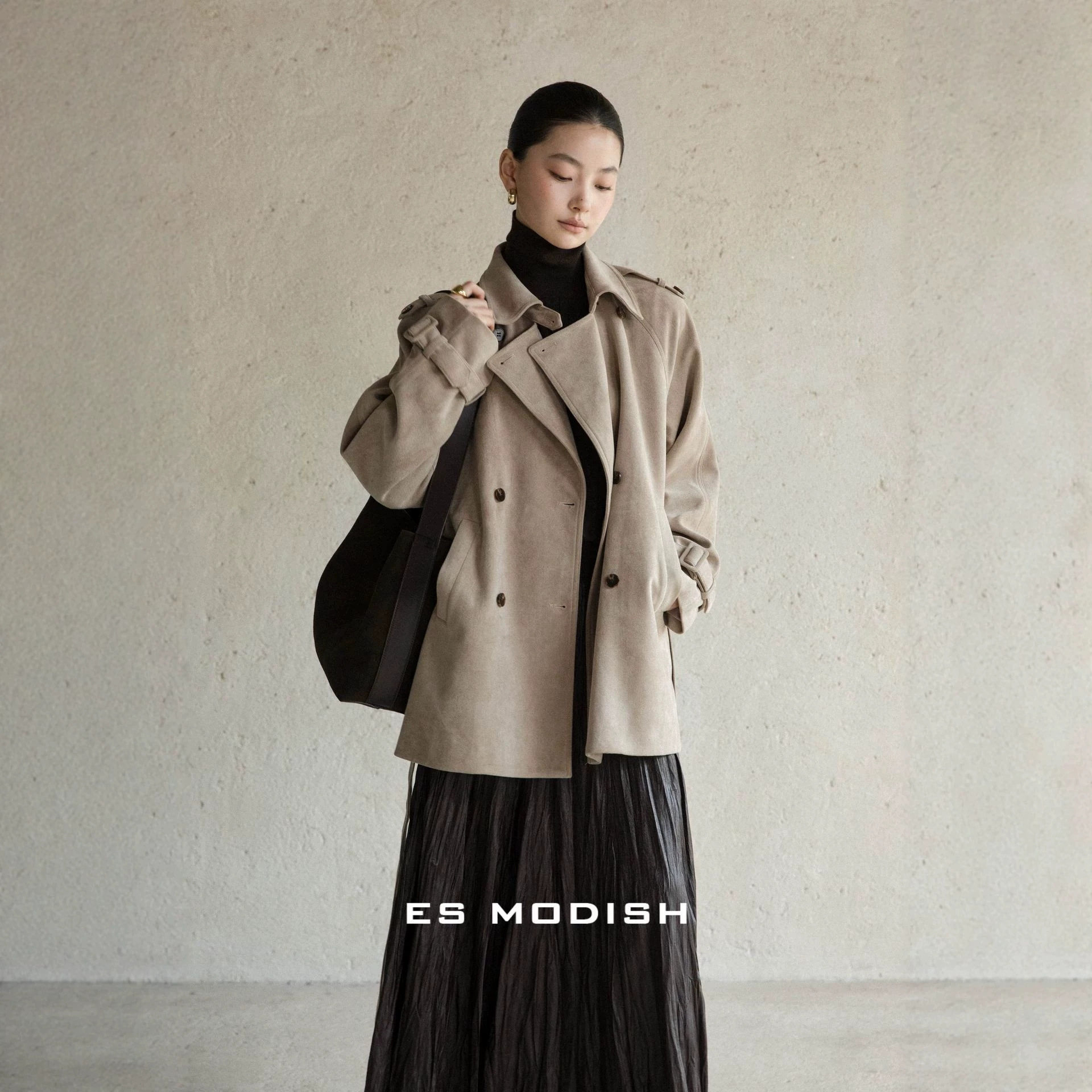 ES MODISH 秋季新品英伦轻熟系带立领风衣外套女麂皮短款休闲风衣