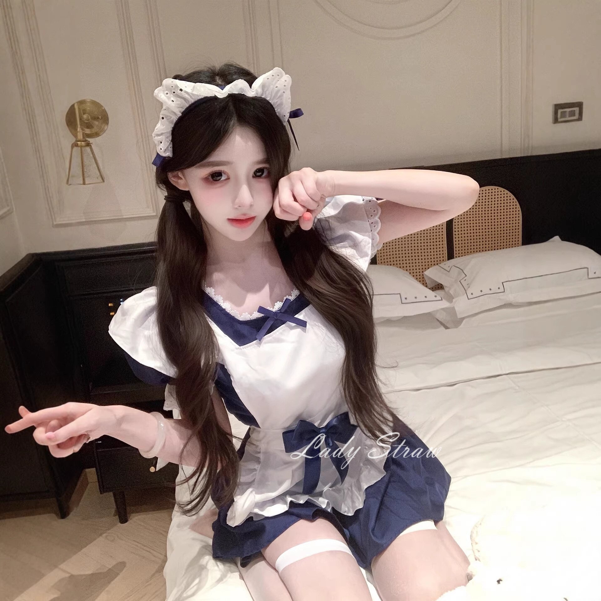 「蓝白萌仆」  甜美可爱软妹小众少女短袖荷叶边天使睡裙套装