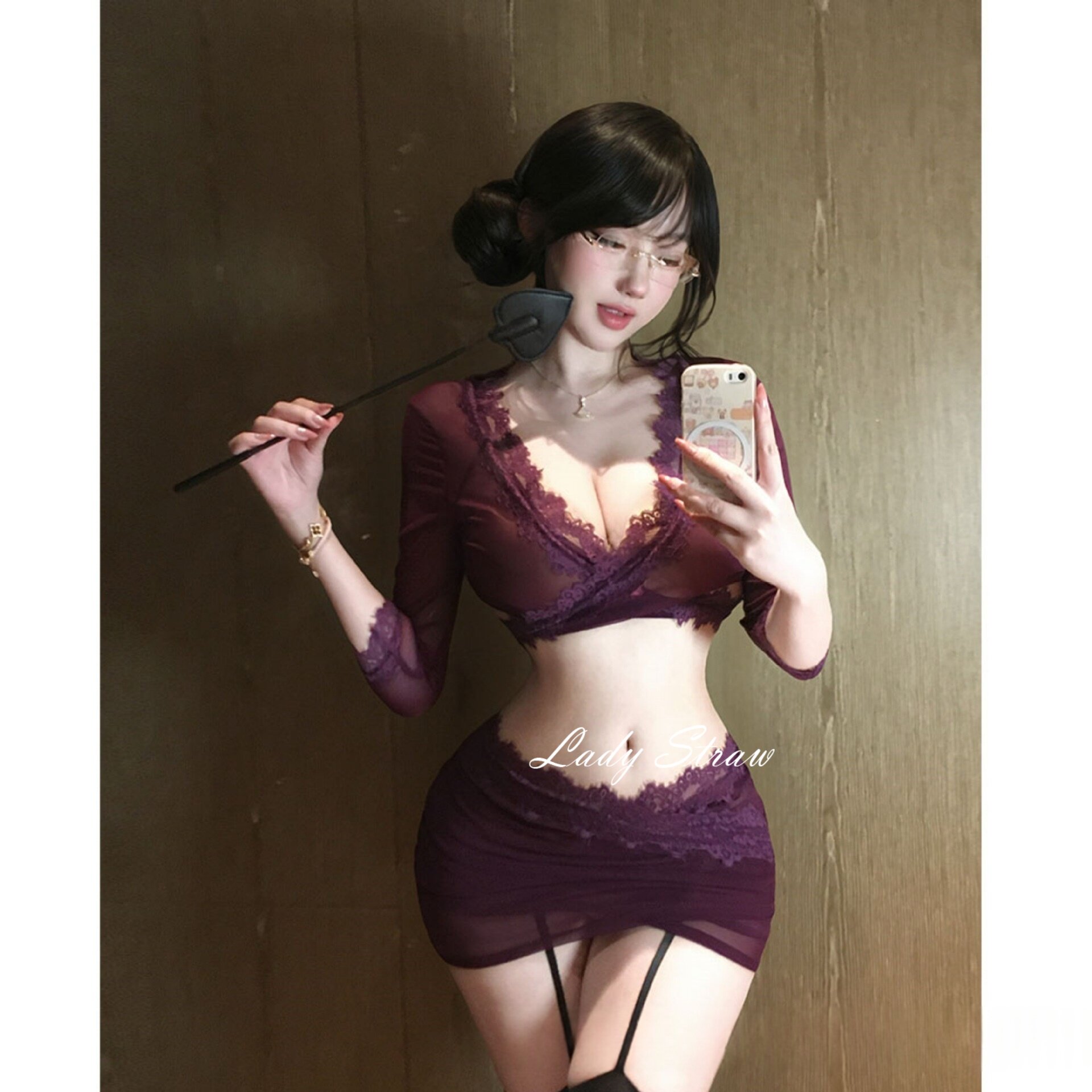 「LS」葡纱私语  深V透视秘书套装纯欲露背吊带包臀短裙性感睡裙