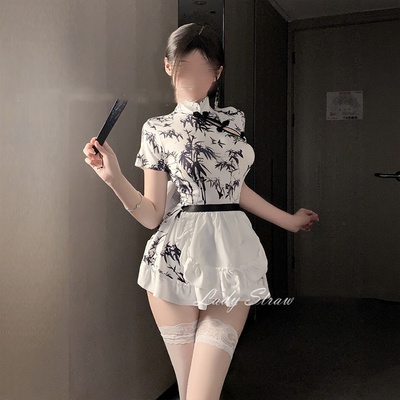 吸管少女水墨印花旗袍裙套装