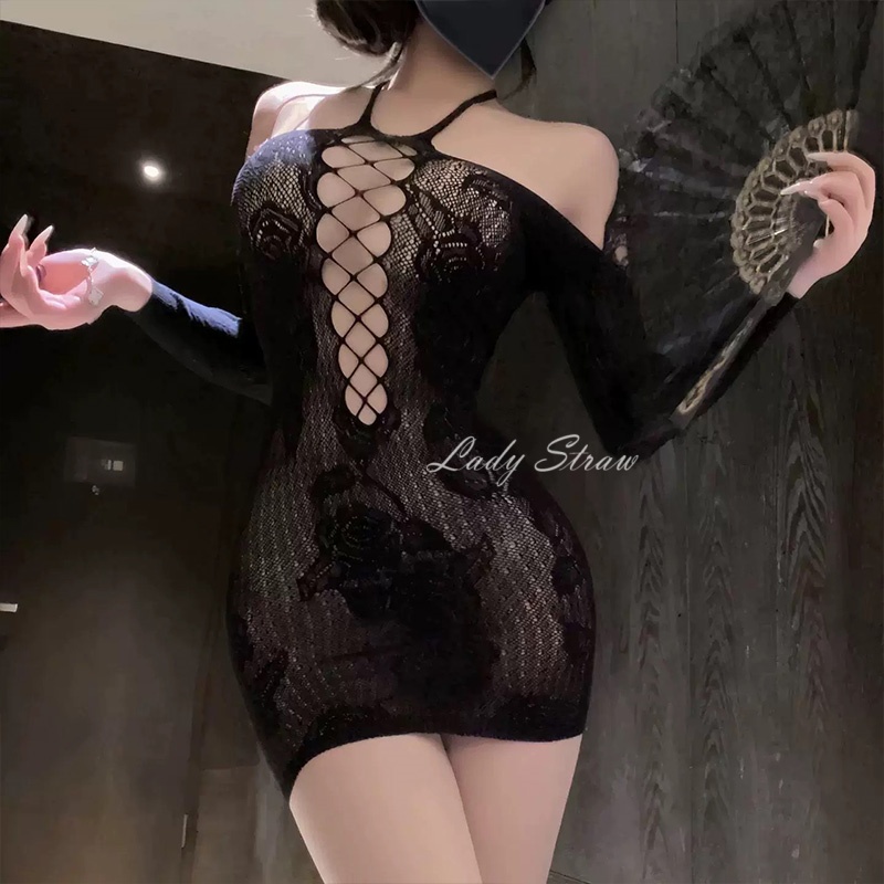 吸管少女蕾丝手撕网眼睡裙