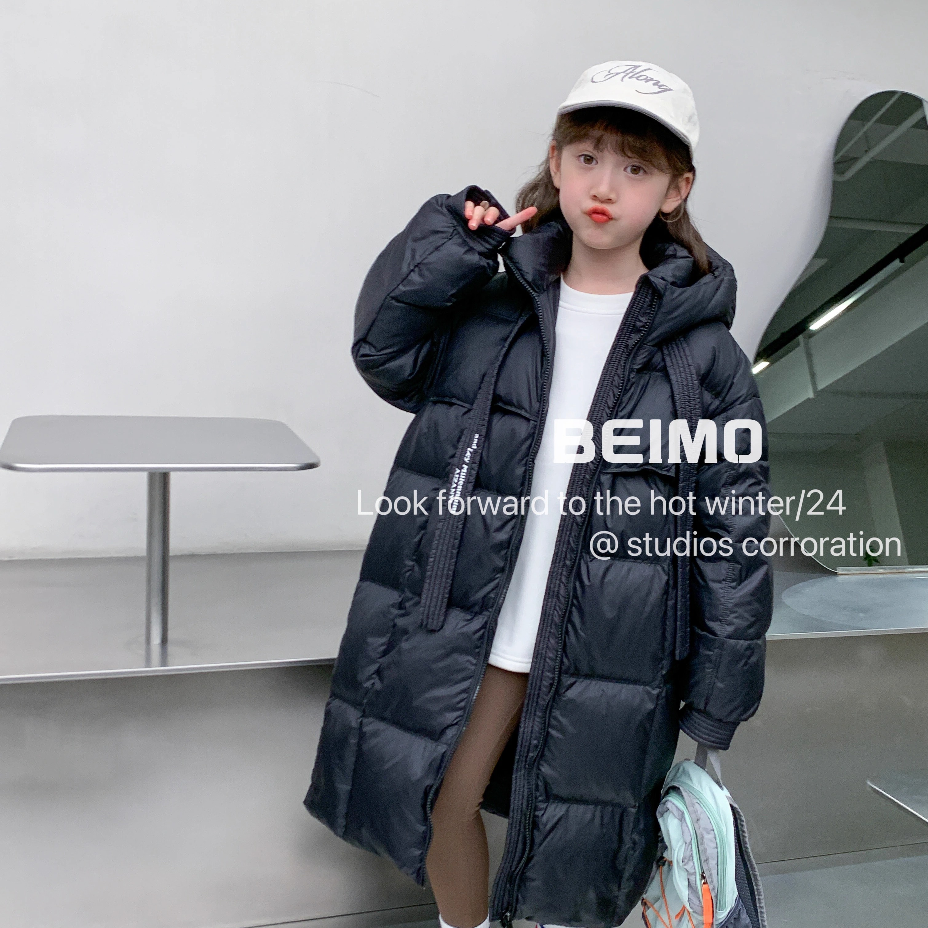 儿童黑色飘带羽绒服女童男童面包服24新冬季中长款加厚白鸭绒外套