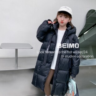 儿童黑色飘带羽绒服女童男童面包服24新冬季中长款加厚白鸭绒外套