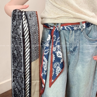 明星同款~黑色腰果花护颈长丝巾围巾女小众设计感牛仔裤腰带配饰