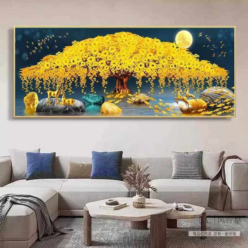 招财麋鹿发财摇钱树客厅十字绣