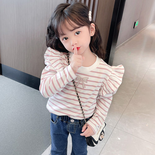 女童长袖T恤上衣条纹打底衫春秋