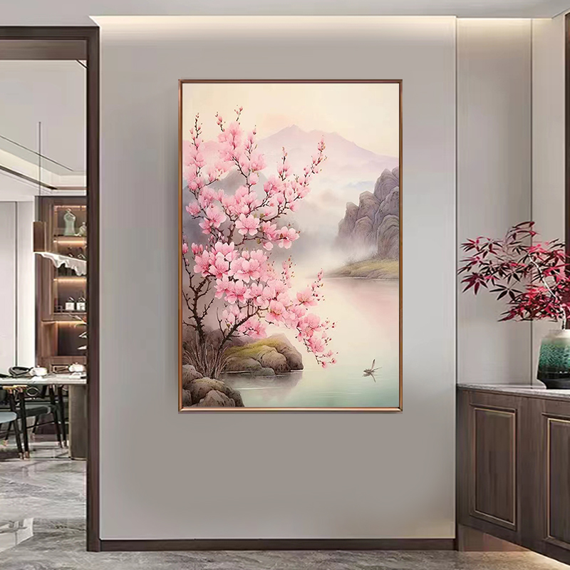 新中式粉色桃花钻石画山水装饰画
