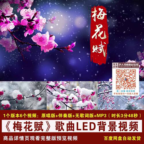 YR438-《梅花赋》伴奏歌词李军孟苇歌曲梅花雪花舞台led背景视频