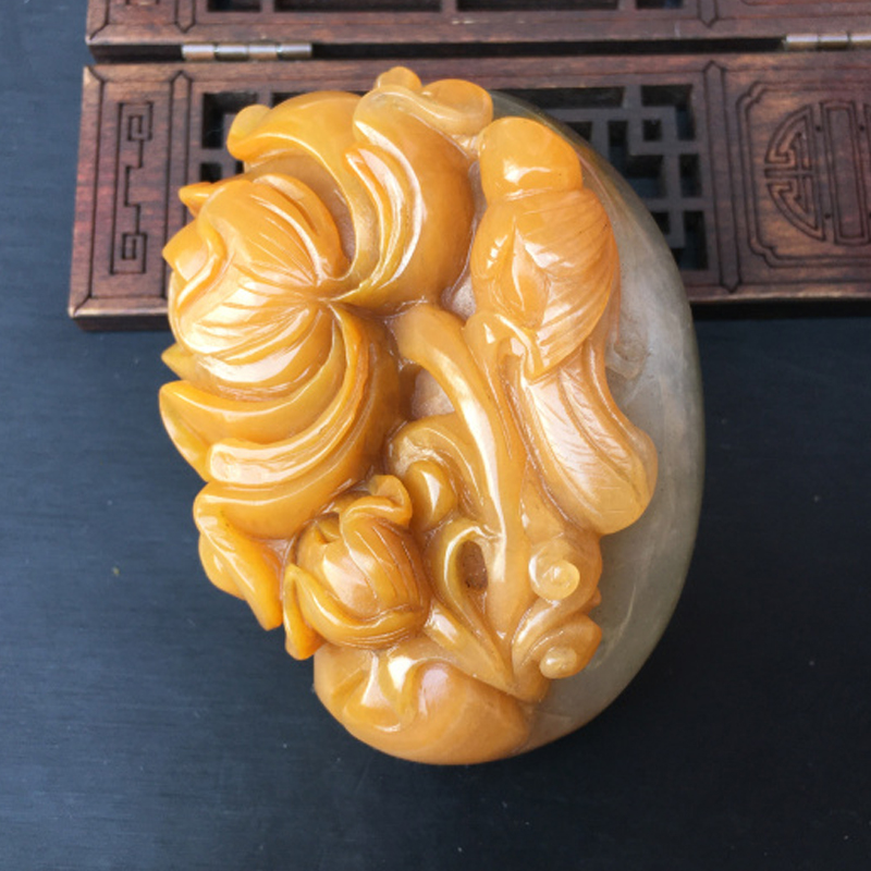 云南纯天然黄龙玉金沙料花开富贵鸟语花香手把件配证书