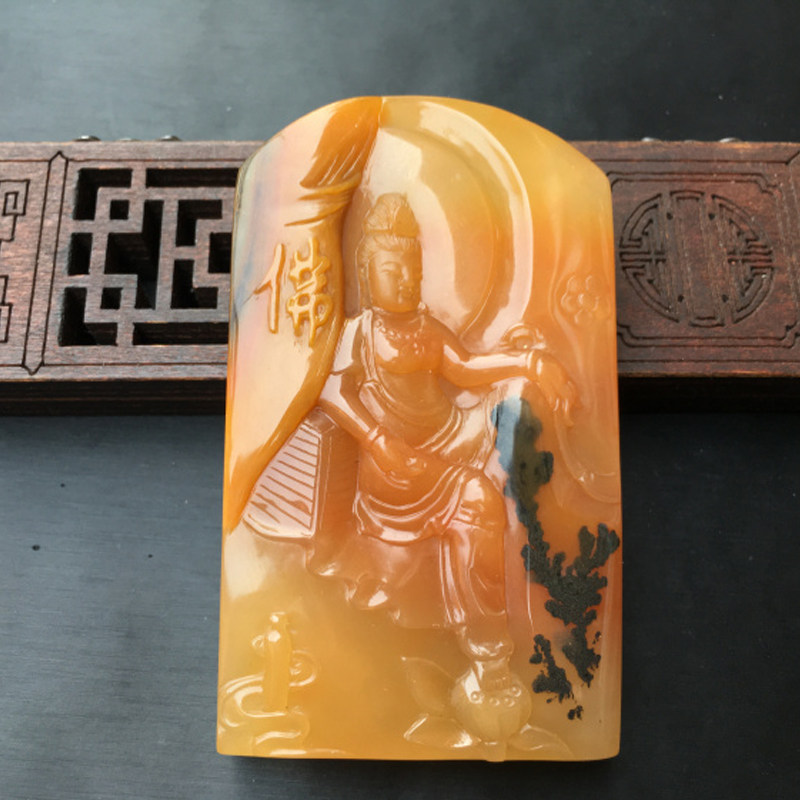 云南纯天然黄龙玉观音纯手工雕刻人物挂件