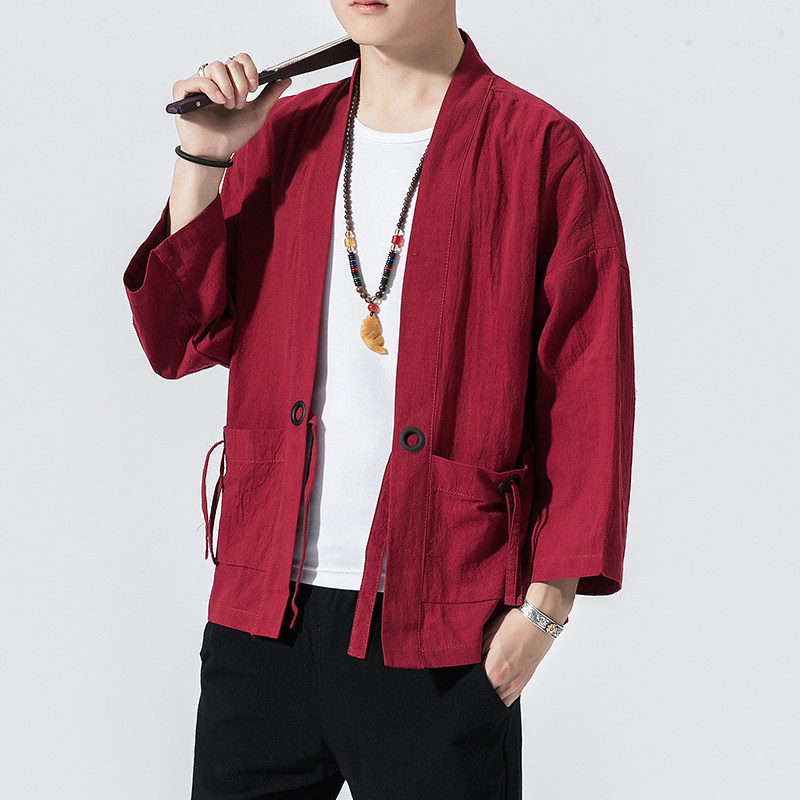 夏季中国风道袍外套唐装男装防晒七分袖日系日式开衫和服亚麻衬衫