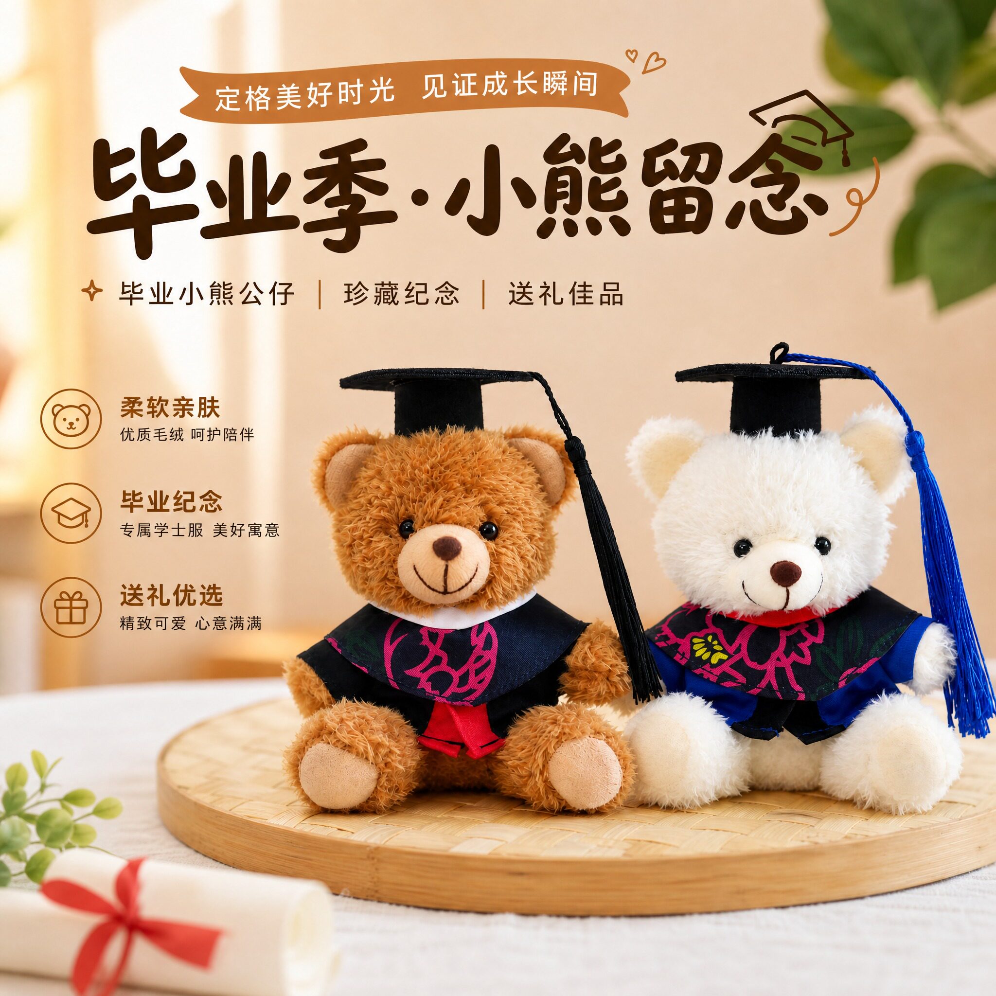 毕业小熊公仔博士熊玩偶毛绒玩具背包挂件送学生毕业礼物定制logo