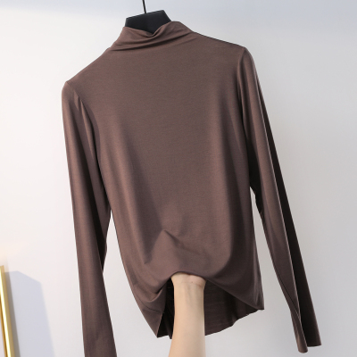 莫代尔半高领打底衫女长袖2018秋冬新款修身咖啡色棉T恤内搭上衣