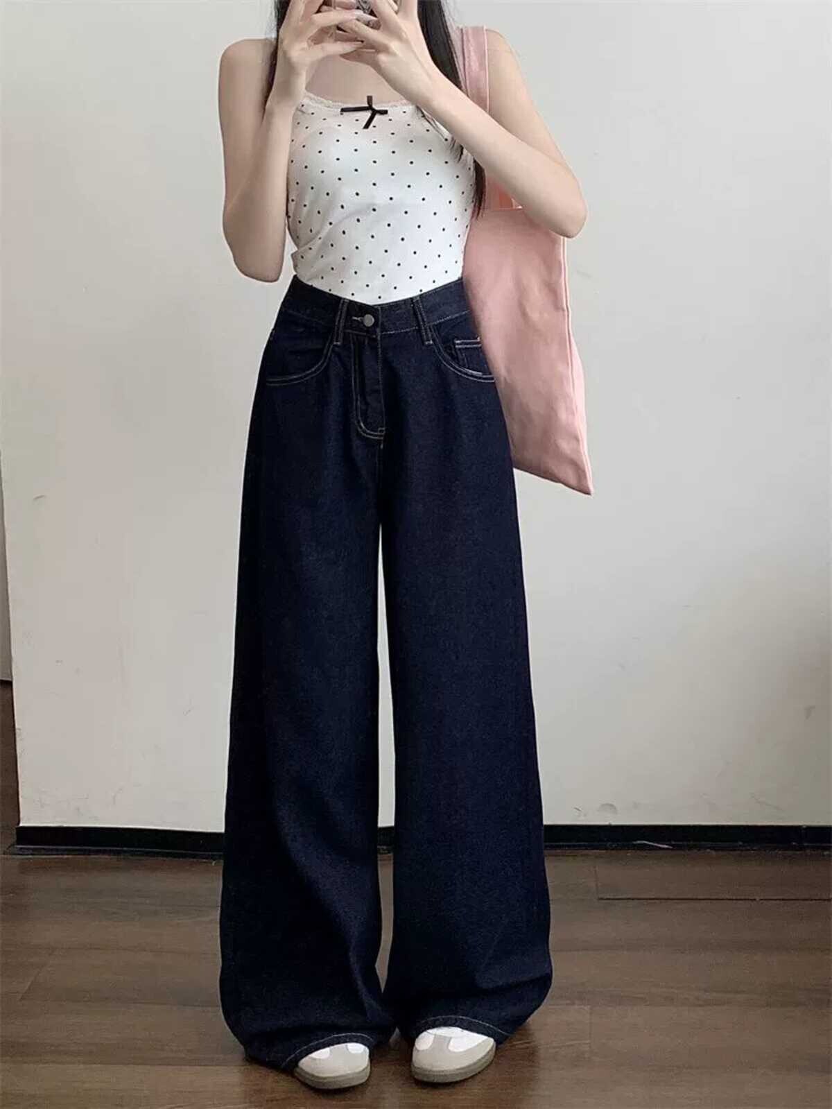 美式复古深蓝色阔腿牛仔裤女春秋季新款宽松显瘦百搭直筒拖地裤