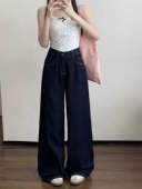 宽松显瘦百搭直筒拖地裤 美式 新款 女春秋季 复古深蓝色阔腿牛仔裤