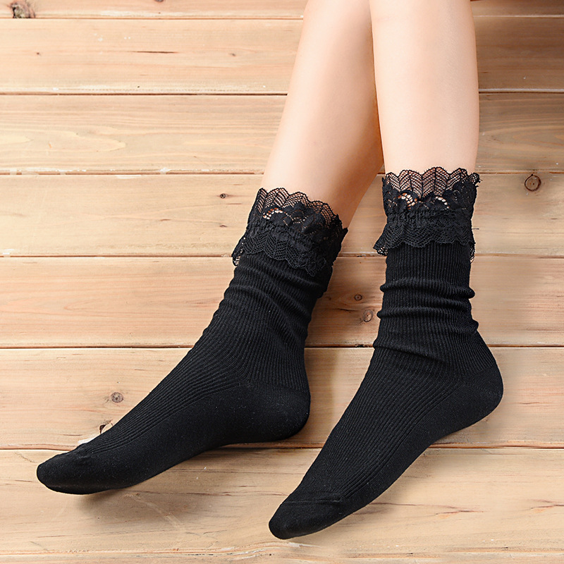 袜子女热销新品纯棉双针韩版中筒蕾丝花边性感可爱日系高筒堆堆袜