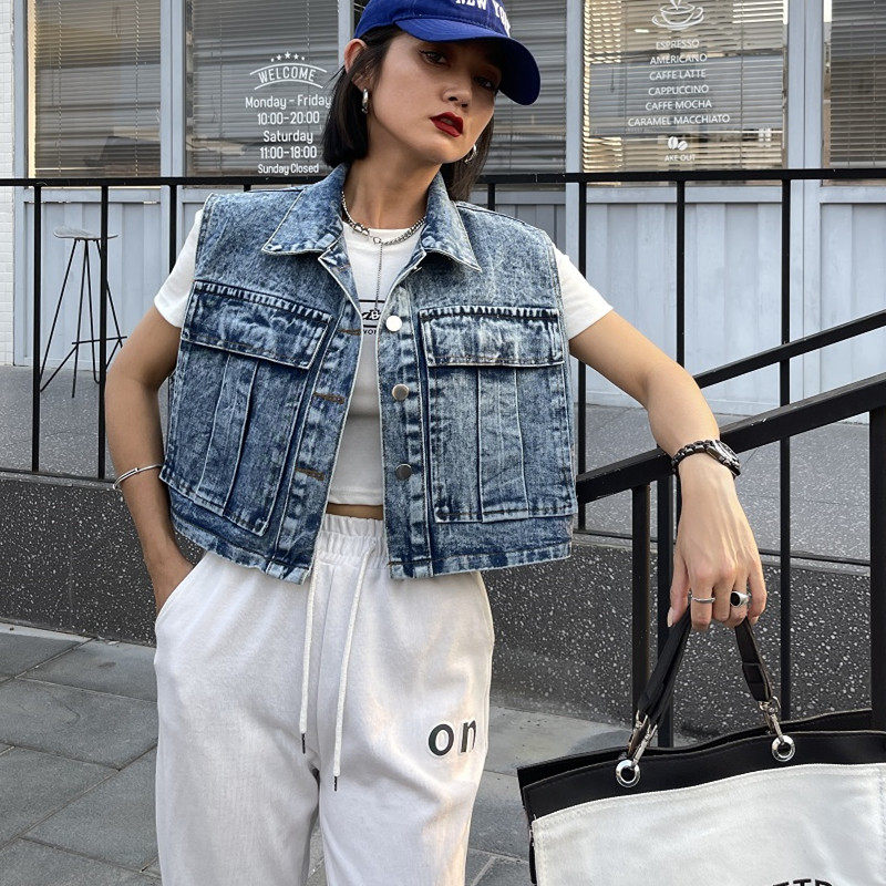 春夏韩版牛仔马甲女短款宽松个性大口袋无袖马夹设计感小众百搭潮