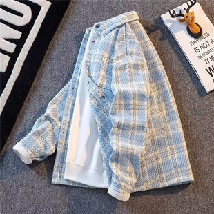 小香风毛呢外套男宽松休闲百搭上衣春秋季新款高级感格子衬衫夹克