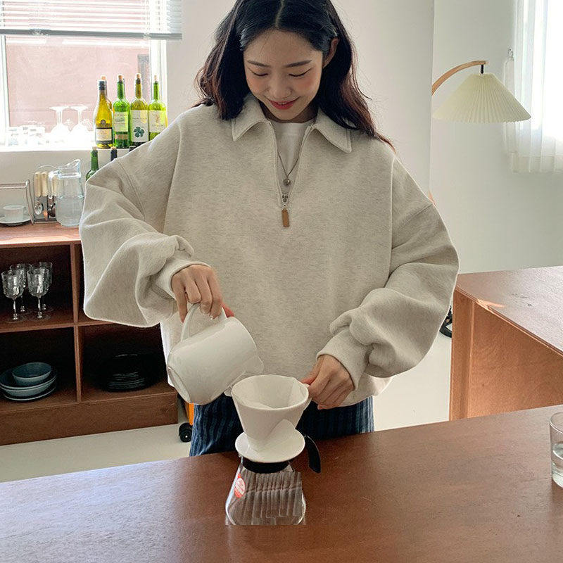 燕麦色男友风半拉炼翻领加绒卫衣女2025秋冬慵懒风休闲长袖上衣厚,个性定制/设计服务/DIY,棉服工装,淘宝优惠券,粉丝福利购,淘宝优惠卷