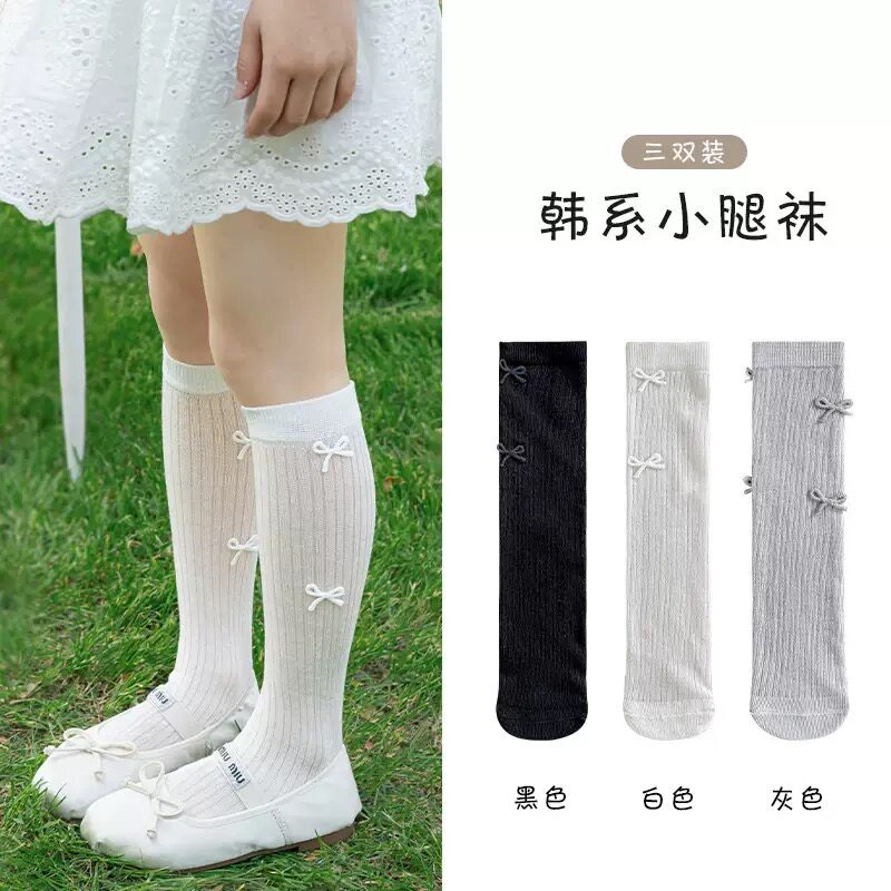 女童长筒袜夏季轻薄透气网眼袜儿童韩系芭蕾风蝴蝶结白色小腿袜