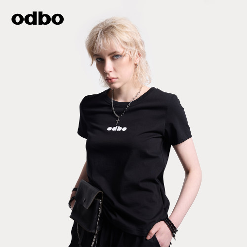 odbo/欧迪比欧2025新款短袖女士t恤夏季原创设计正肩修身上衣百搭