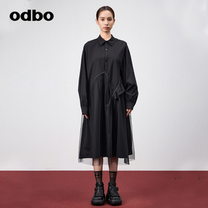 odbo/欧迪比欧Polo领荷叶边网纱拼接黑色连衣裙女春季新款衬衫裙