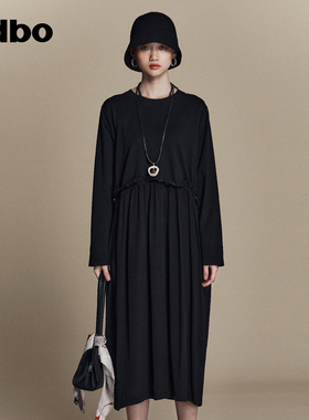 odbo 小众别致高级感连衣裙女春季新款黑色气质显瘦中长裙