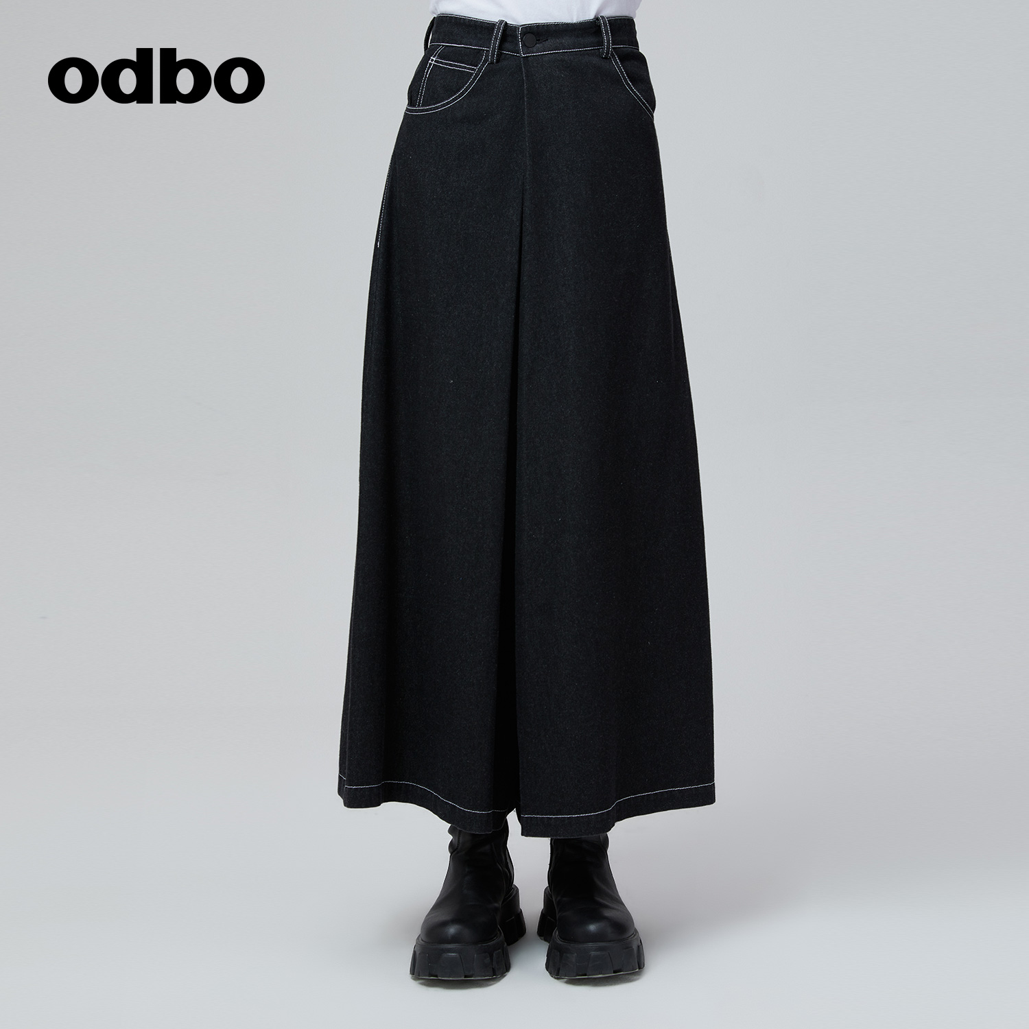 odbo/欧迪比欧原创设计感复古工装牛仔裤女秋冬2023新款高腰裙裤