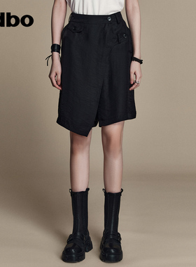 odbo/欧迪比欧原创设计感高腰拼接黑色休闲短裤女夏季新款