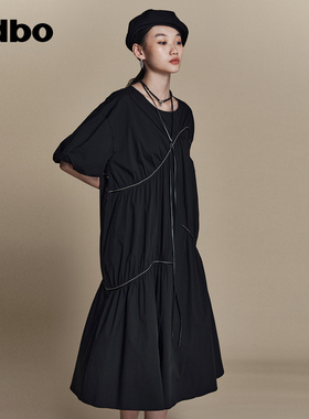 odbo/欧迪比欧原创设计明线压褶黑色短袖连衣裙女夏季新款