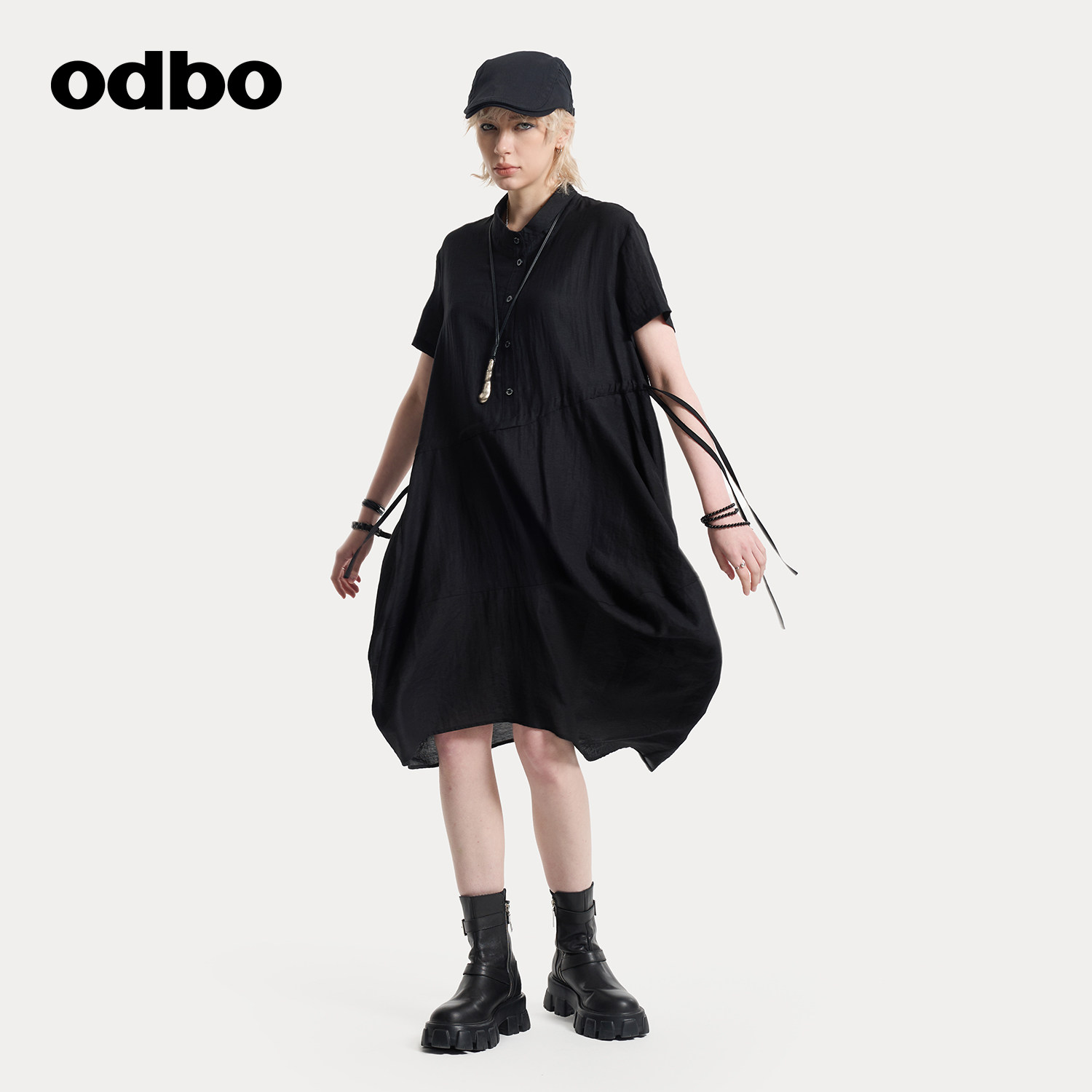 odbo/欧迪比欧连衣裙夏女2025新款抽绳不规则裙子时尚休闲高级感