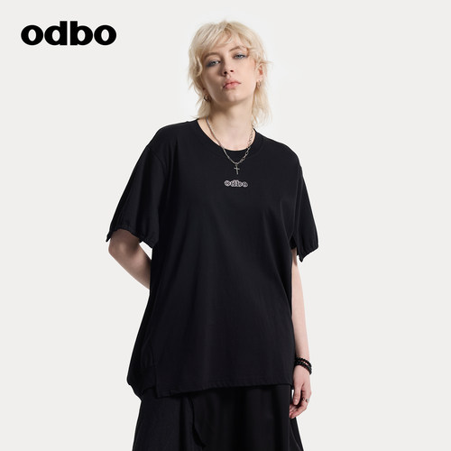 odbo/欧迪比欧圆领半袖t恤女夏季开叉宽松上衣落肩不规则设计短袖