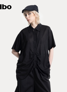 odbo/欧迪比欧衬衣女款2025新款夏季宽松不规则褶皱原创设计短袖