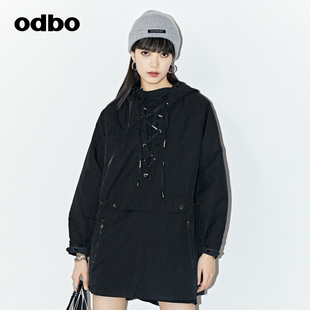 新款 odbo 潮牌工装 风连帽夹棉套头中长外套女秋季 加厚上衣